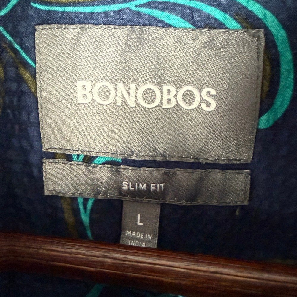 Bonobos Seersucker Button Down Shirt Mens L Navy Blue Tropical Leaf Slim Fit - Picture 4 of 8